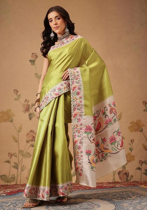 Olive Printed Silk Saree Set