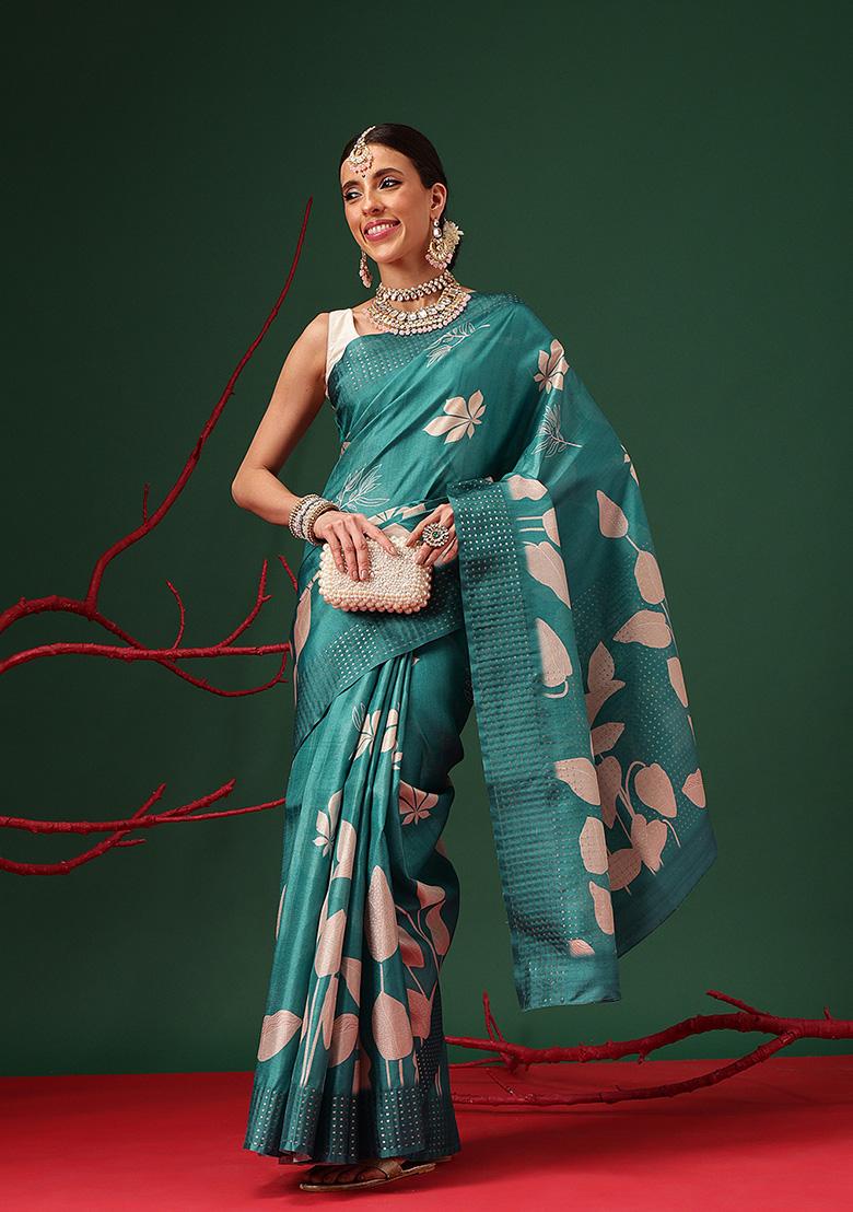 Teal Printed Silk Saree Set - Indya