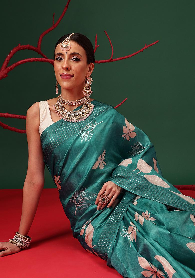 Teal Printed Silk Saree Set - Indya