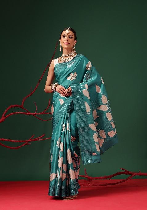 Teal Printed Silk Saree Set