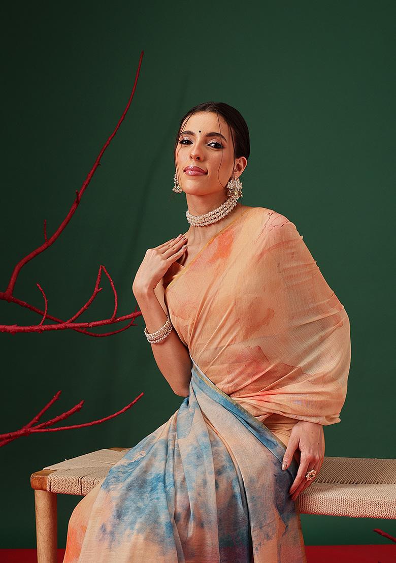 Beige Printed ORGENZA Saree Set - Indya