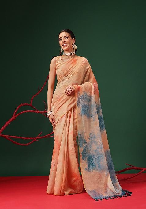 Beige Printed ORGENZA Saree Set