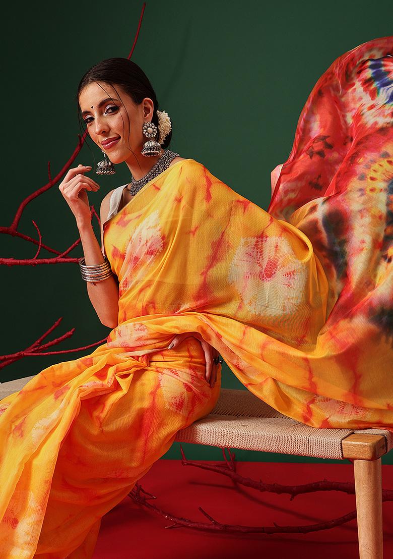 Mustard Printed ORGENZA Saree Set - Indya