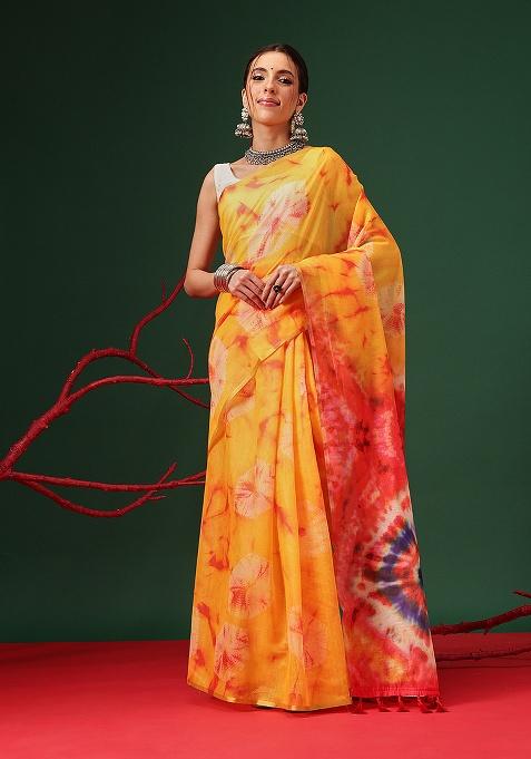 Mustard Printed ORGENZA Saree Set