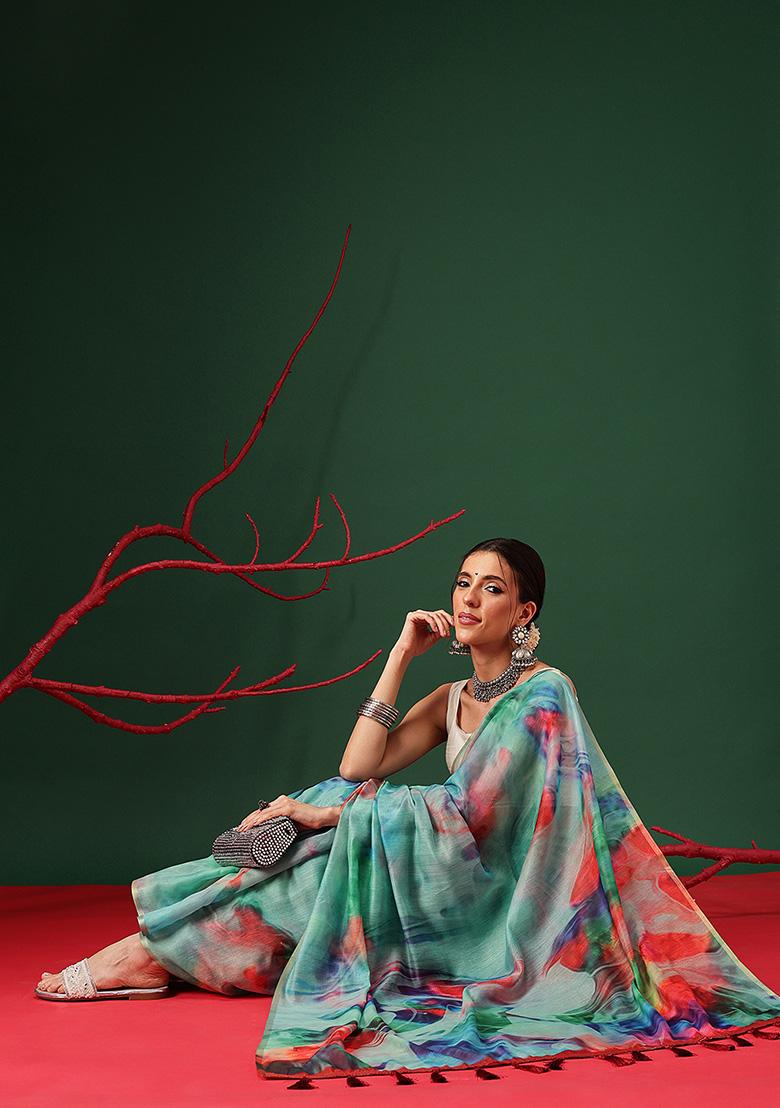 Multicolor Printed ORGENZA Saree Set - Indya