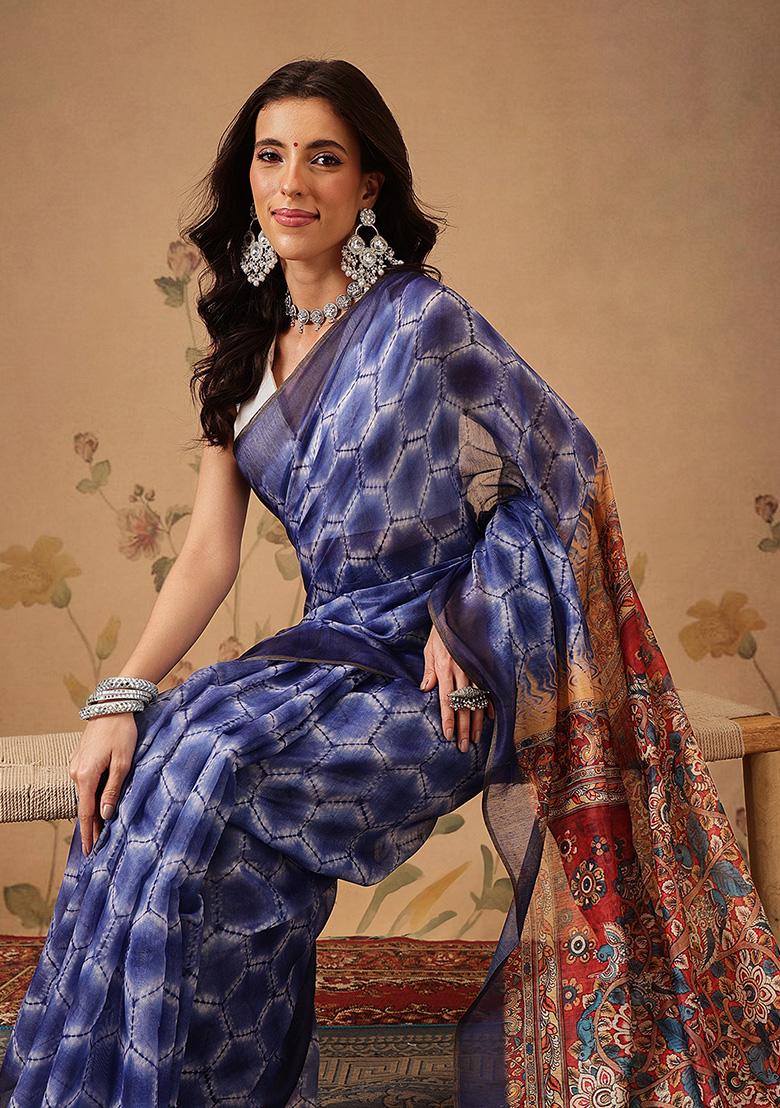 Blue Printed Cotton Saree Set - Indya