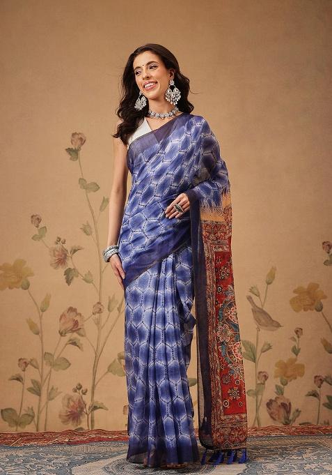 Blue Printed Cotton Saree Set
