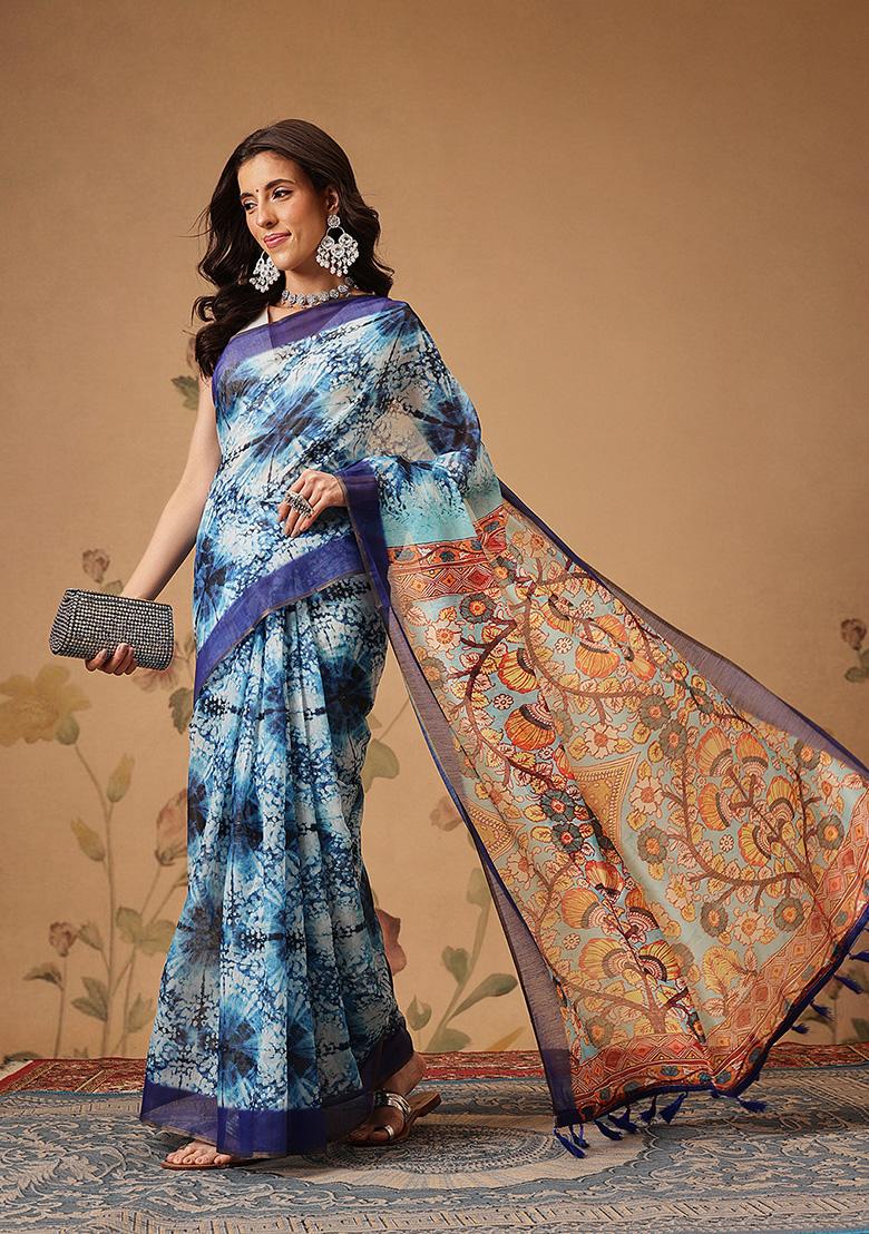 Blue Printed Cotton Saree Set - Indya