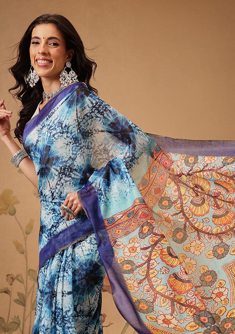 Blue Printed Cotton Saree Set - Indya