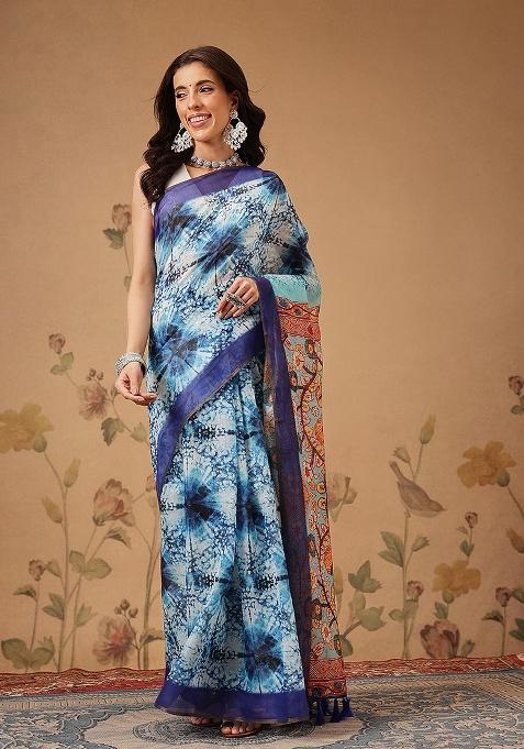 Blue Printed Cotton Saree Set