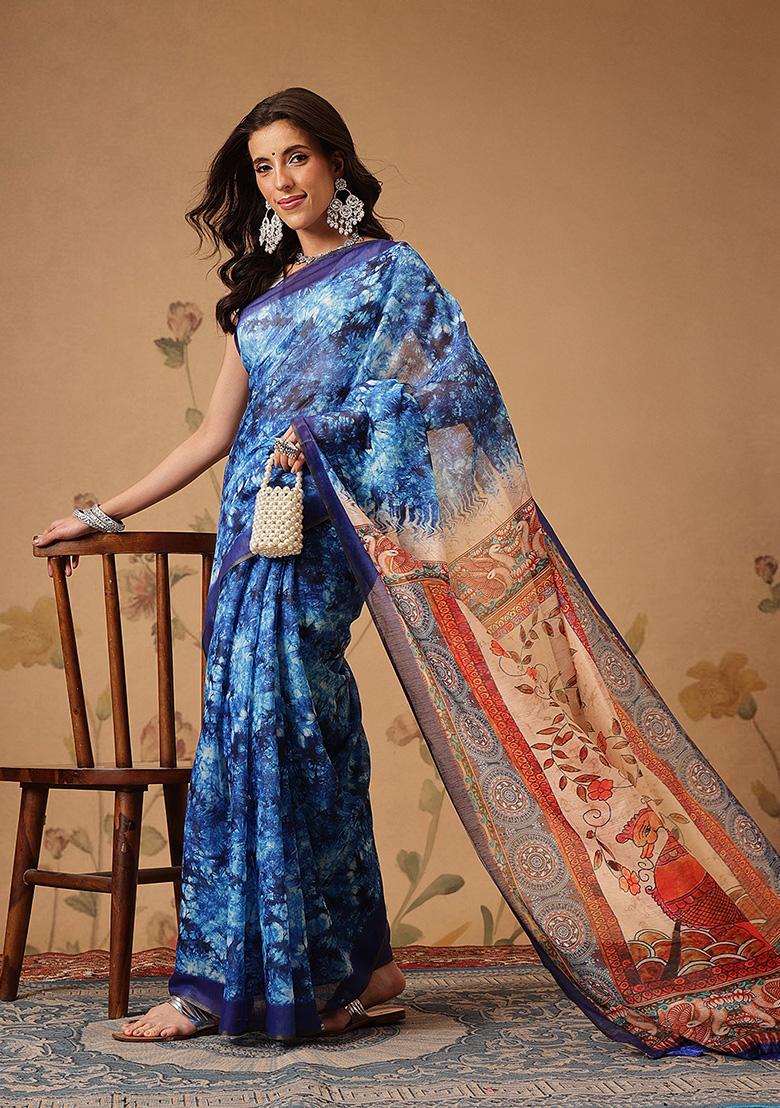Blue Printed Cotton Saree Set - Indya
