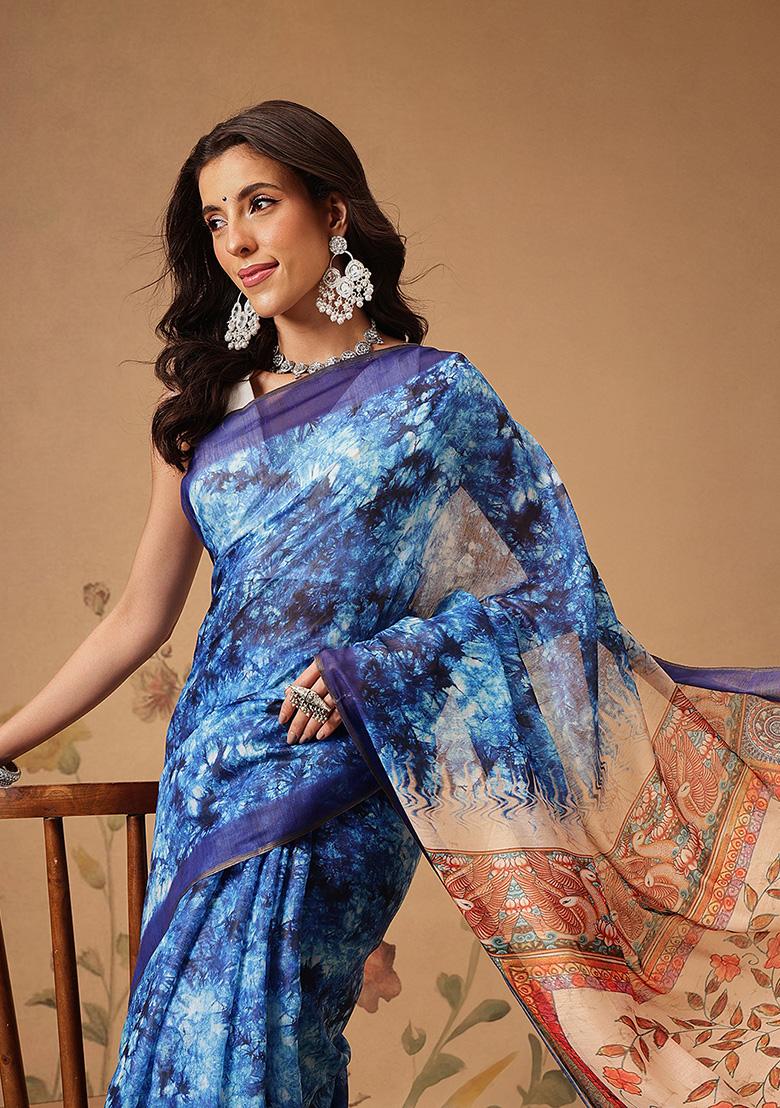 Blue Printed Cotton Saree Set - Indya