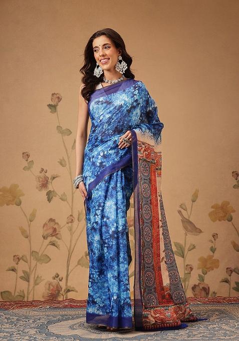 Blue Printed Cotton Saree Set
