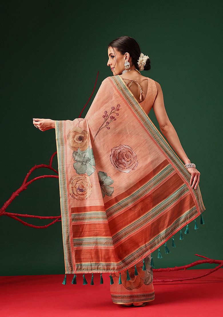 Peach Printed Cotton Saree Set - Indya