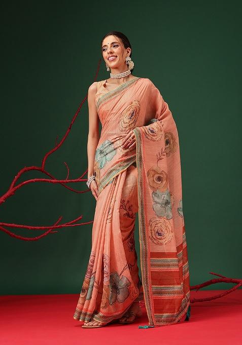 Peach Printed Cotton Saree Set