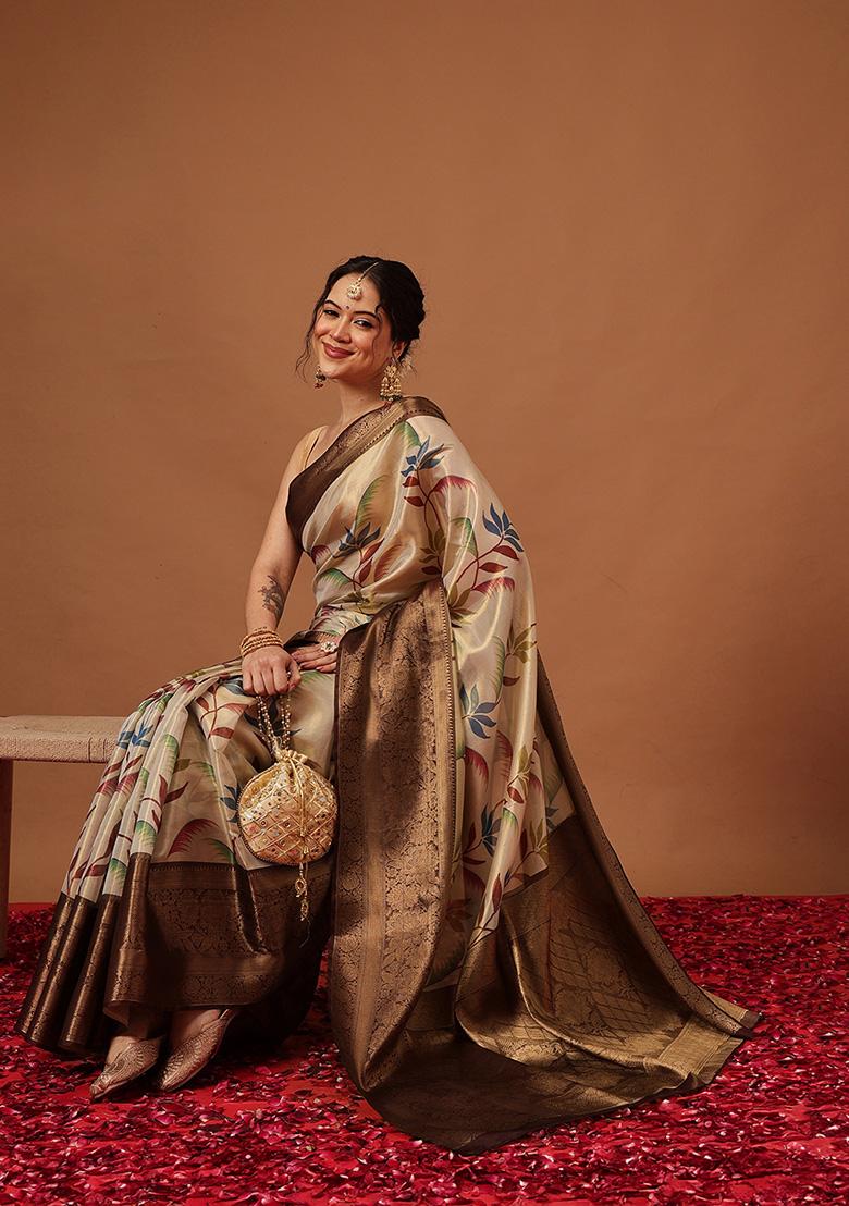 Brown Printed Tissue Saree Set - Indya