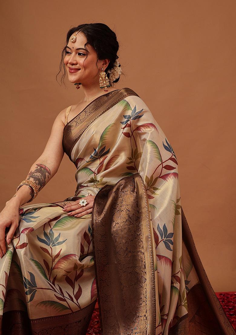 Brown Printed Tissue Saree Set - Indya