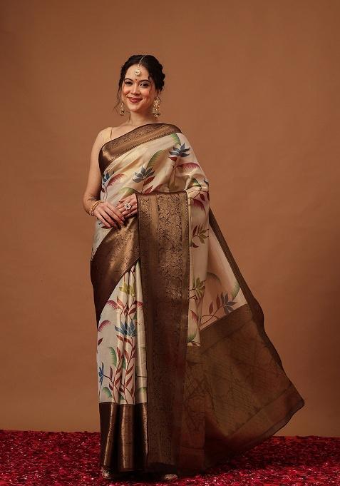 Brown Printed Tissue Saree Set