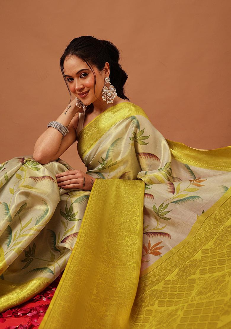Yellow Printed Tissue Saree Set - Indya