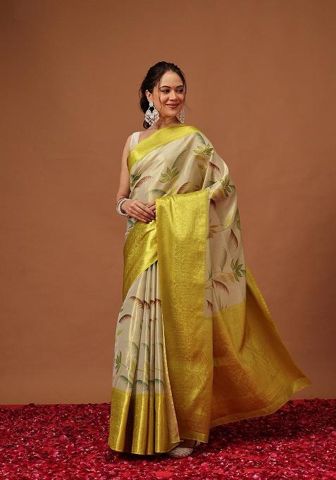 Yellow Printed Tissue Saree Set