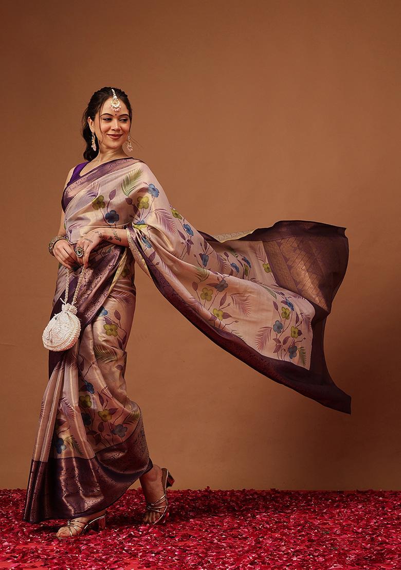 Purple Printed Tissue Saree Set - Indya