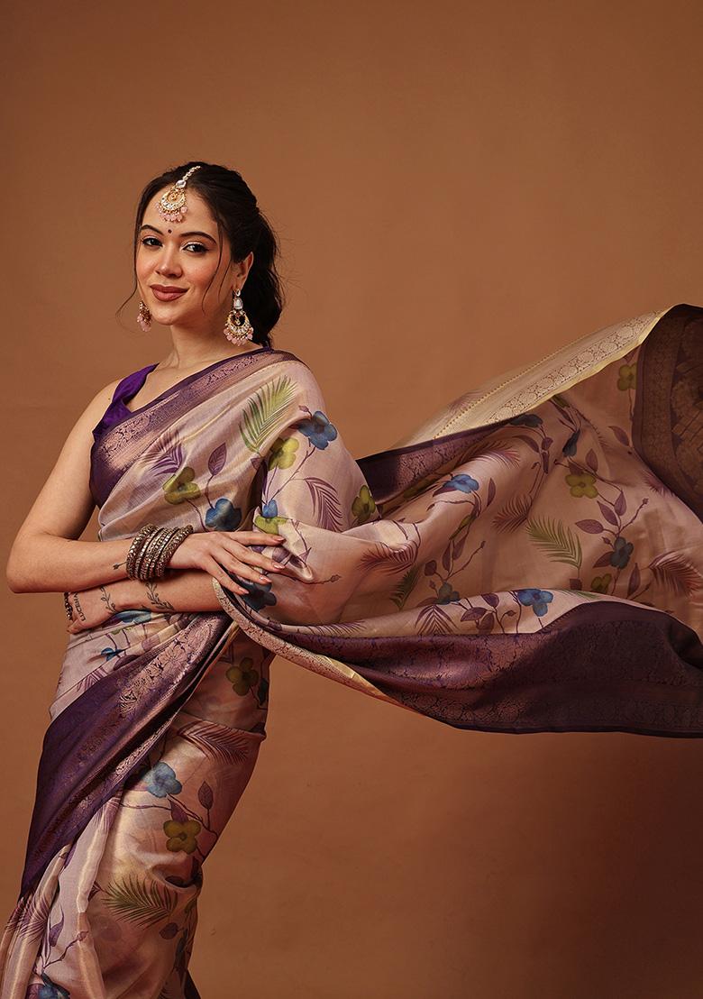 Purple Printed Tissue Saree Set - Indya