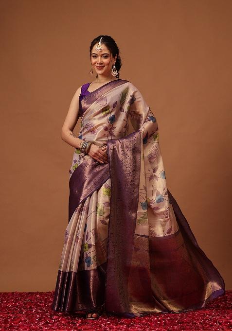 Purple Printed Tissue Saree Set