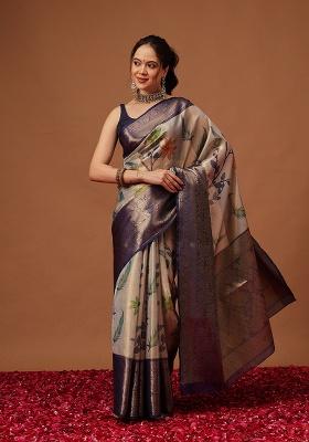 Navy Blue Printed Tissue Saree Set