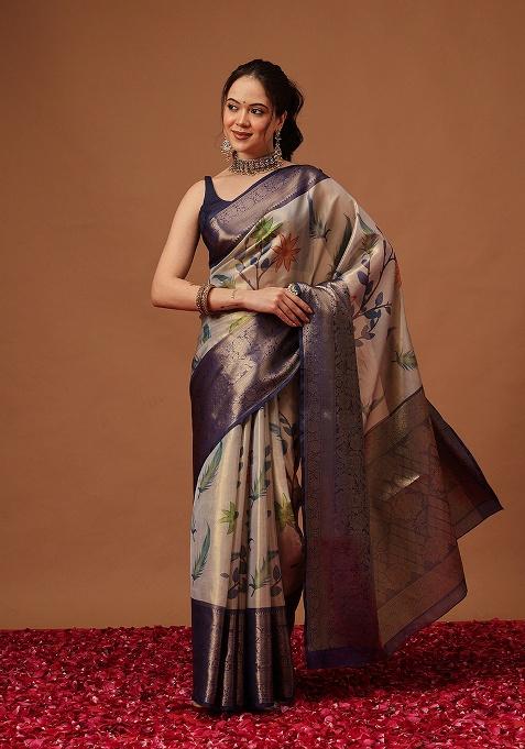 Navy Blue Printed Tissue Saree Set