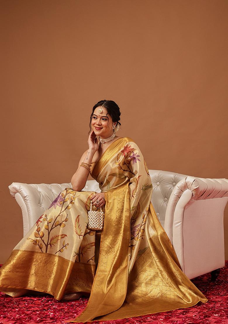 Yellow Printed Tissue Saree Set - Indya