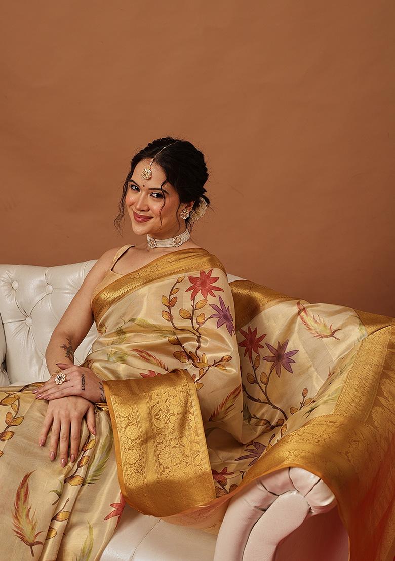 Yellow Printed Tissue Saree Set - Indya