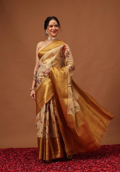 Yellow Printed Tissue Saree Set