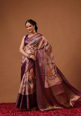 Purple Printed Tissue Saree Set