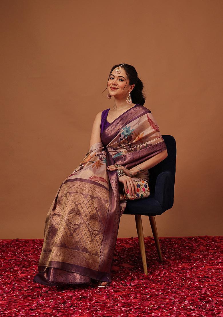 Purple Printed Tissue Saree Set - Indya