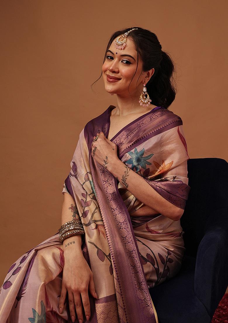 Purple Printed Tissue Saree Set - Indya