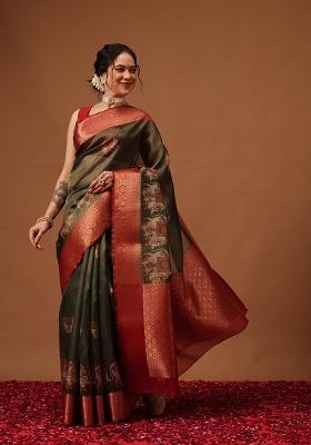 Green Printed Tissue Saree Set