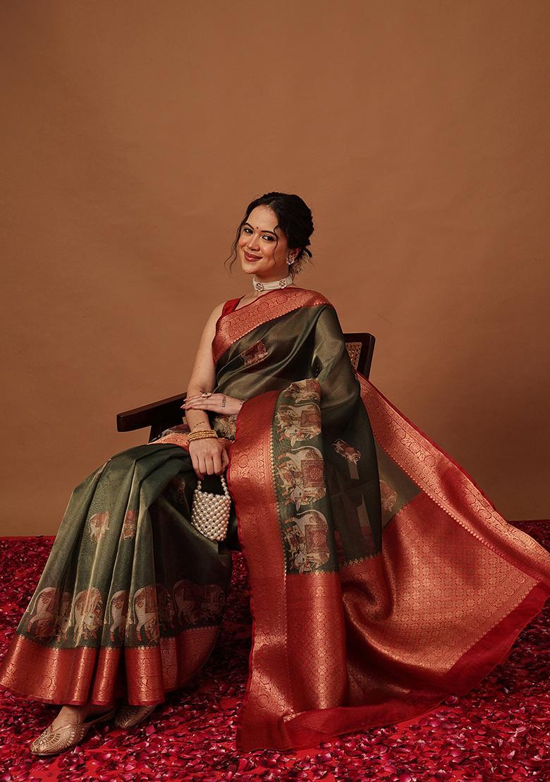 Green Printed Tissue Saree Set - Indya