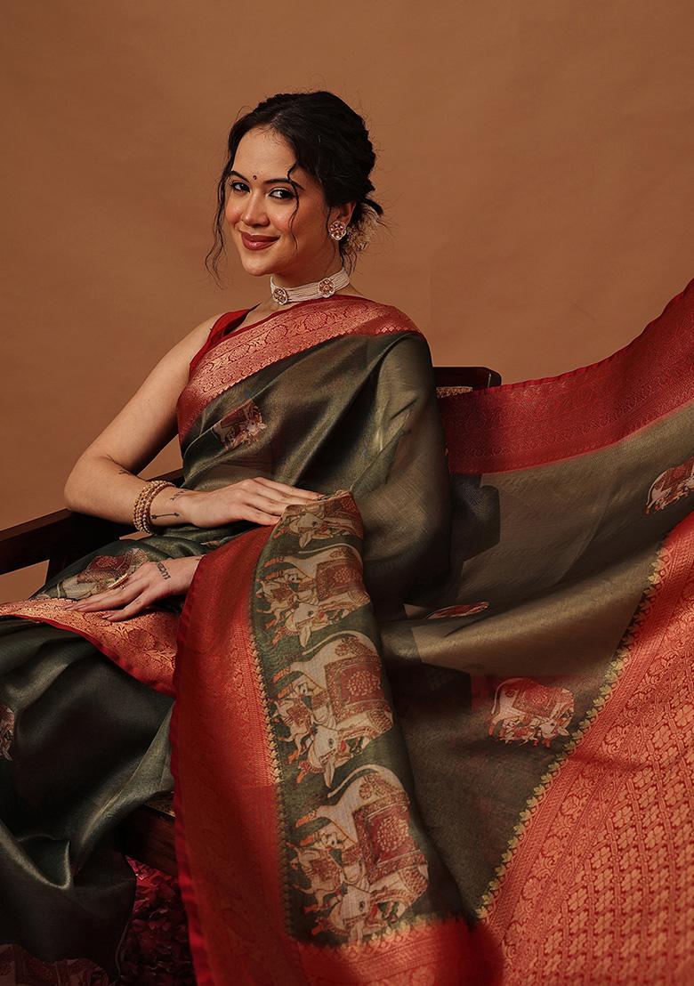 Green Printed Tissue Saree Set - Indya