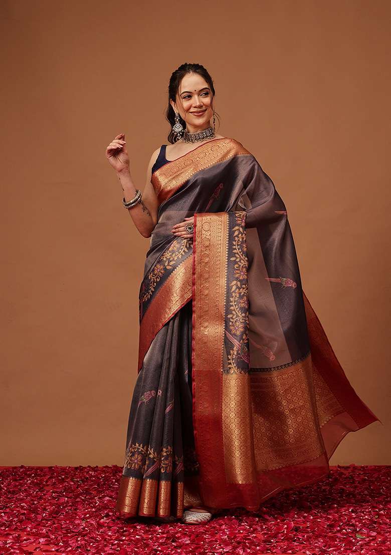 Navy Blue Printed Tissue Saree Set - Indya