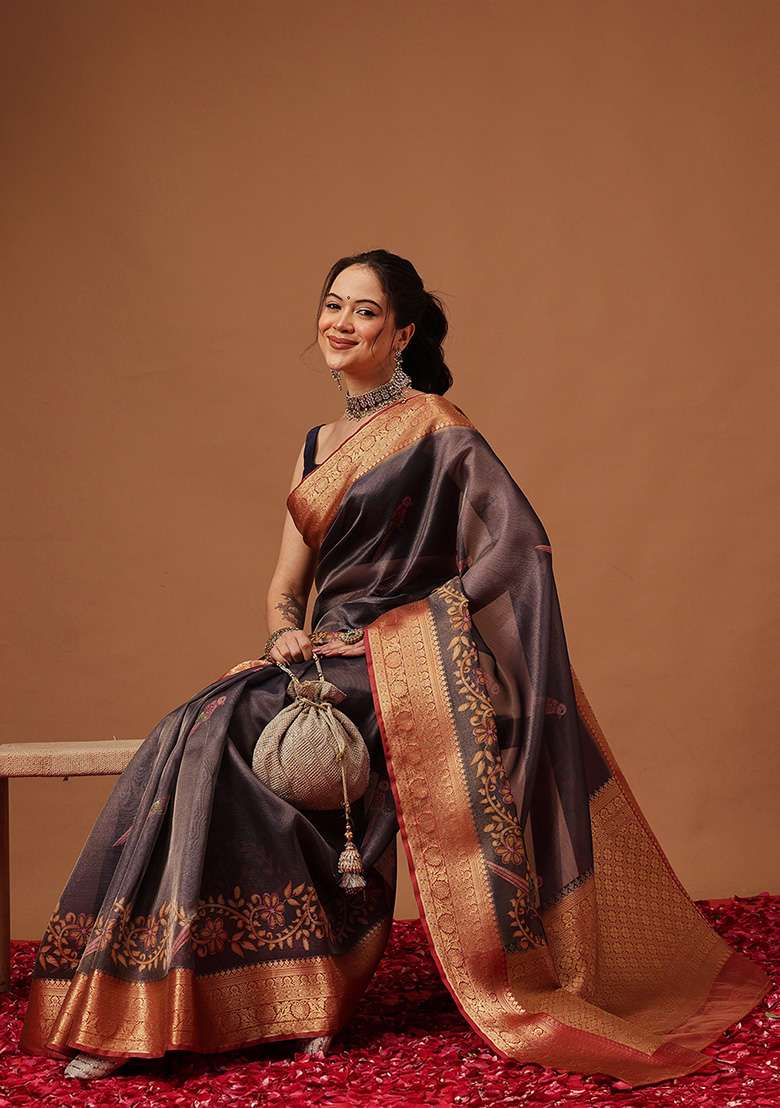 Navy Blue Printed Tissue Saree Set - Indya