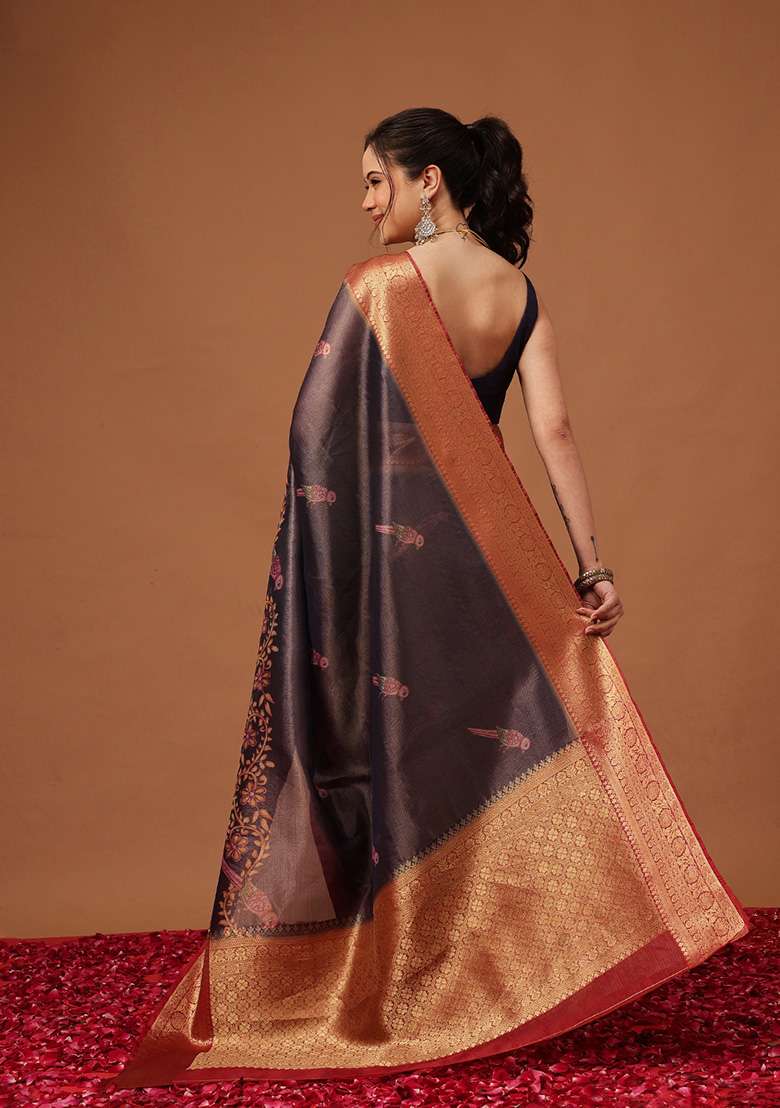 Navy Blue Printed Tissue Saree Set - Indya