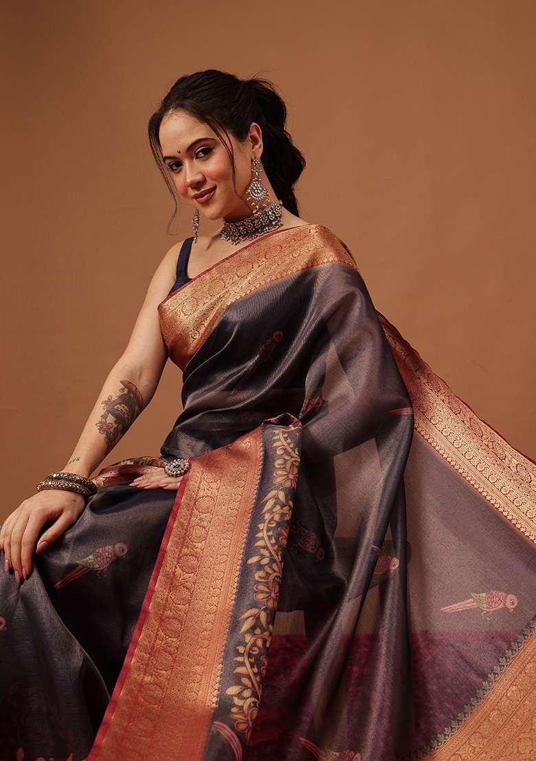 Navy Blue Printed Tissue Saree Set - Indya