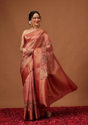 Pink Printed Tissue Saree Set