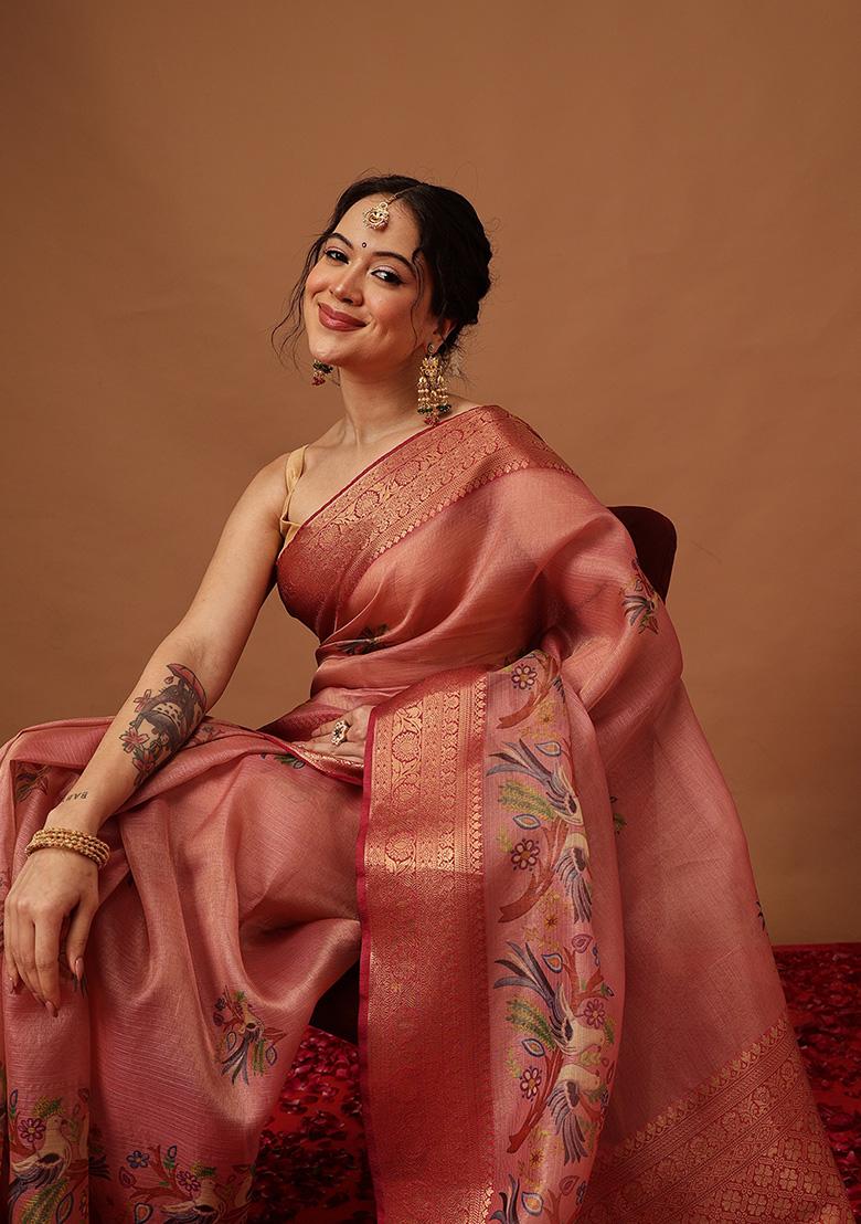 Pink Printed Tissue Saree Set - Indya