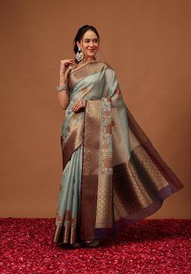 Teal Printed Tissue Saree Set