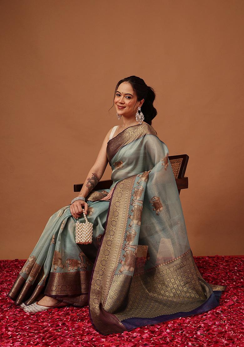 Teal Printed Tissue Saree Set - Indya