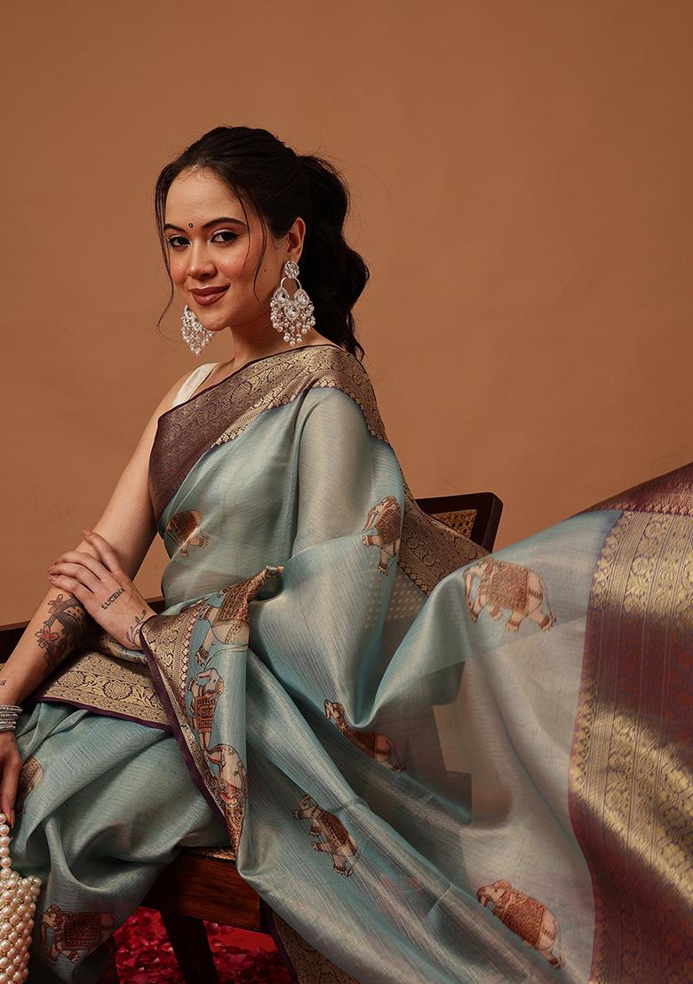 Teal Printed Tissue Saree Set - Indya