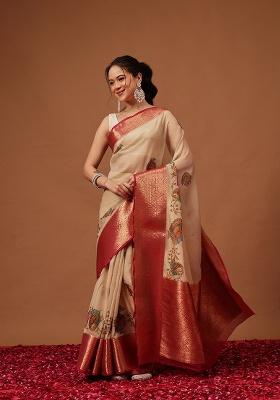 Beige Printed Georgette Saree Set