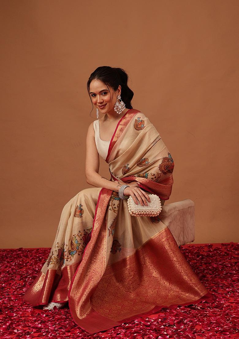 Beige Printed Georgette Saree Set - Indya