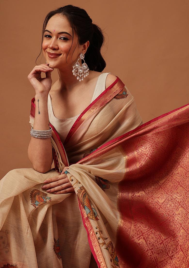 Beige Printed Georgette Saree Set - Indya